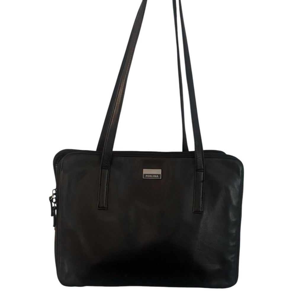 PERLINA Soft Black Leather Multi Compartment Tote Bag Laptop Work Bag Satchel
